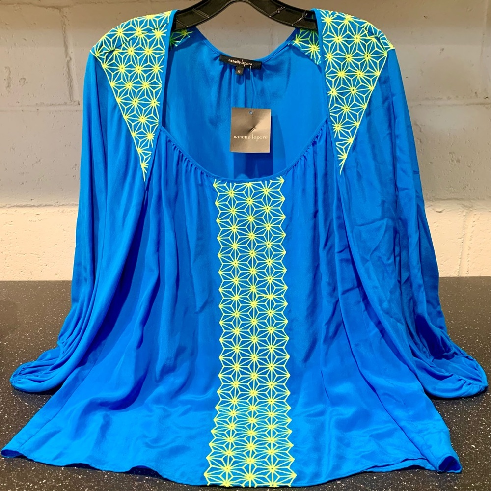 NWT Nanette Lepore Embroidered Silk Blouse Turquoise and Neon